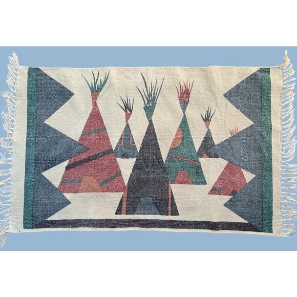 Vintage MCM South West Teepee Rug Boho Wall Art 24" x 42" Retro Native American - Picture 1 of 5